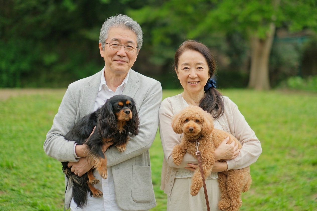 微笑む老夫婦とわんちゃん２匹を抱っこする老夫婦