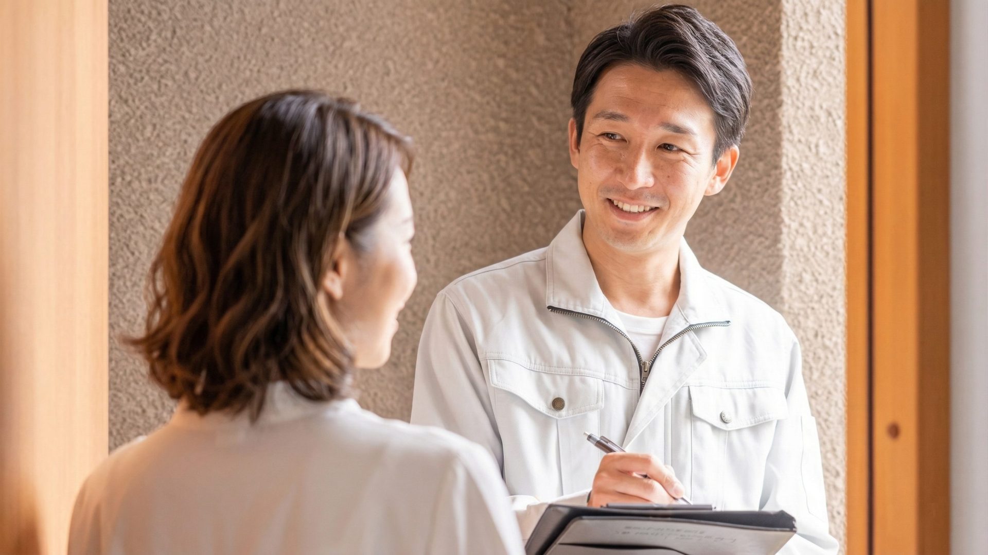 見積もりを取る女性と、ヒアリングをする工務店男性